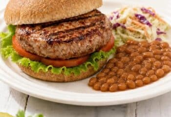 Summer Burger with Baked Beans and Cole Slaw